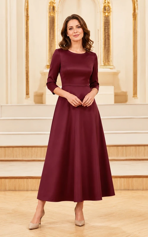 Burgundy bateau three quarter sleeve modest choir midi dress