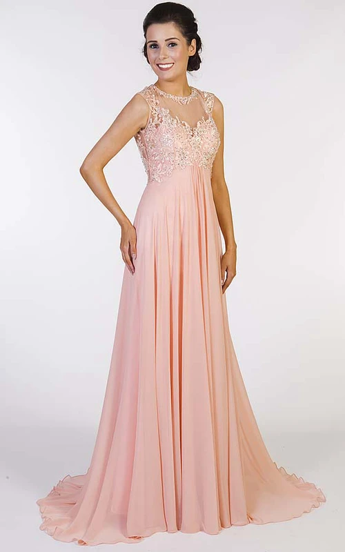Ärmelloses, perlenbesetztes Chiffon-Abendkleid in A-Linien-Optik mit hohem Kragen und bodenlanger Länge