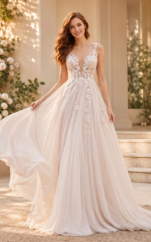 Robe de mariée sans manches en tulle fleuri à col en V et coupe trapèze, dos nu et traîne courte