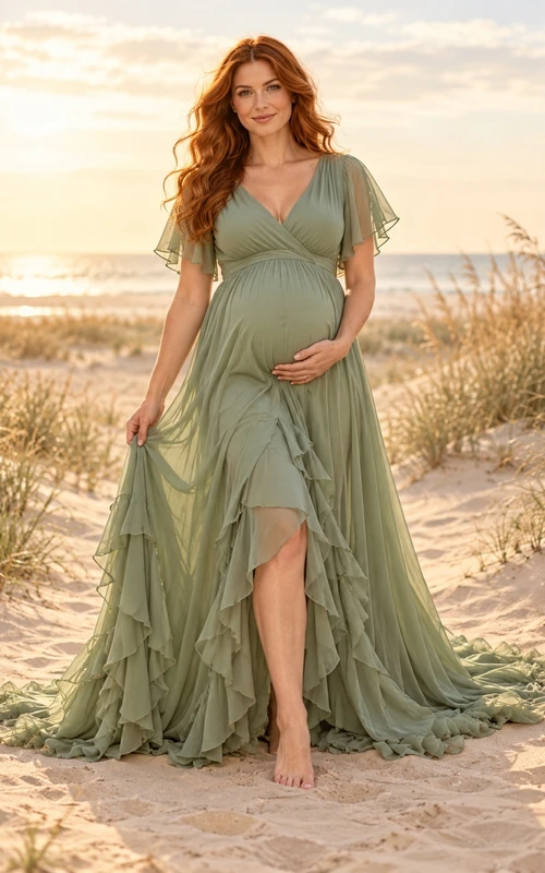 Maternity Sage V Neck Flutter Sleeve Tiered Ruffled Train Gown