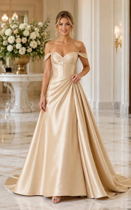 Champagne Satin Off Shoulder Draped A-Line Floor Length Sweep Train Formal Evening Gown
