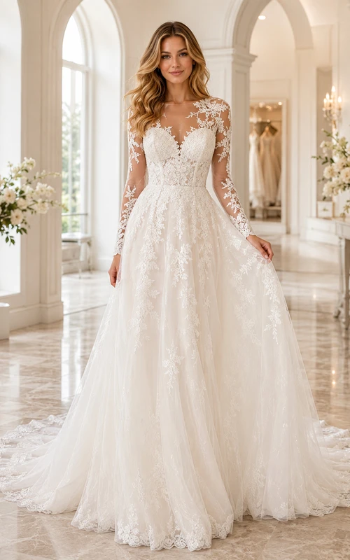 Robe de mariée raffinée en dentelle et tulle, décolleté en V profond, manches longues transparentes, coupe trapèze, traîne chapelle, applications florales et dos illusion