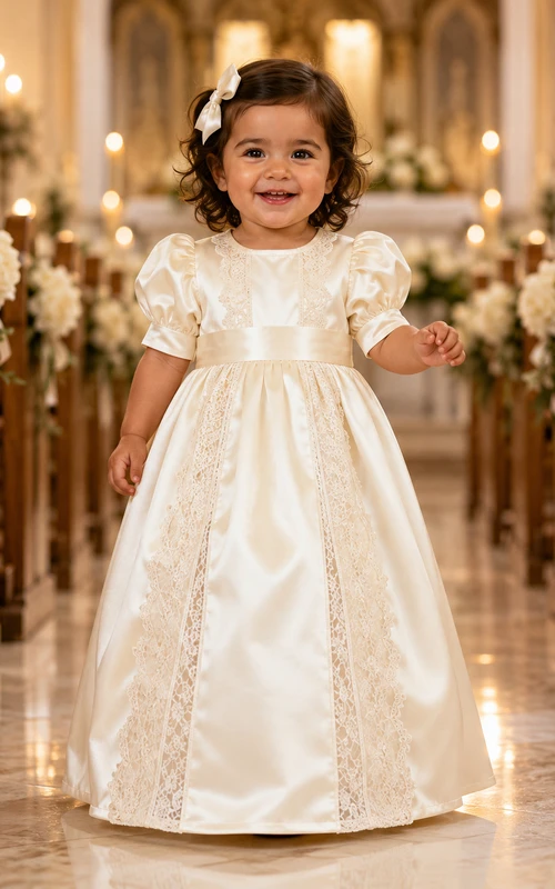 Champagne Round Neck Baptism Gown A-Line Satin Lace Short Sleeve