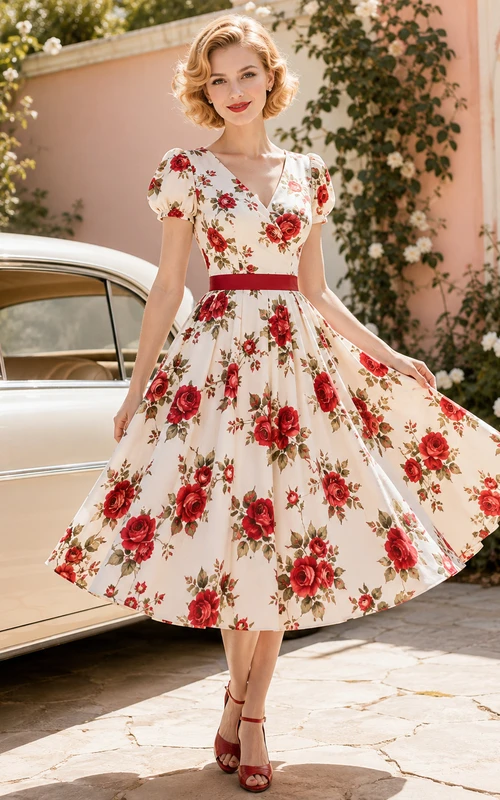 Vestido de cóctel rockabilly vintage color marfil con estampado floral rojo, cuello en V, mangas cortas, cinturón, corte entallado y falda acampanada hasta la rodilla.