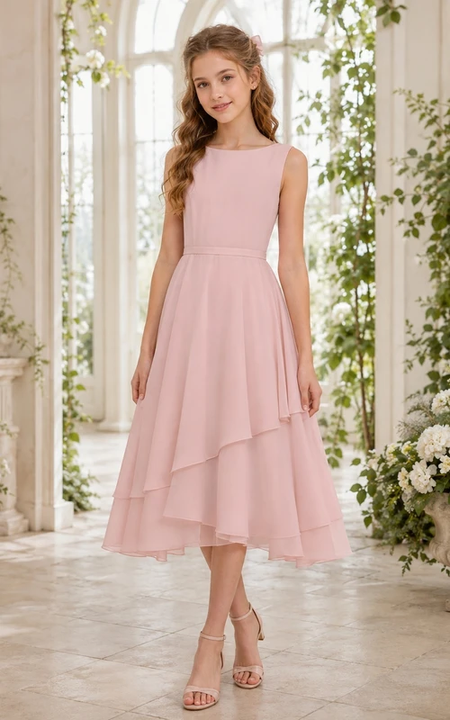 Zartrosa Brautjungfernkleid, A-Linie, ärmellos, Stufenrock