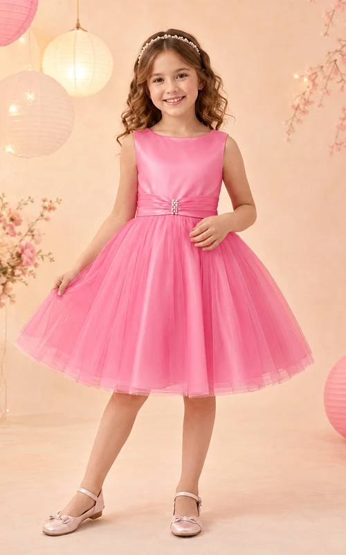 Candy Pink Adorable Square Tulle Sleeveless Ball-Gown Tea-Length Flowergirl Dress