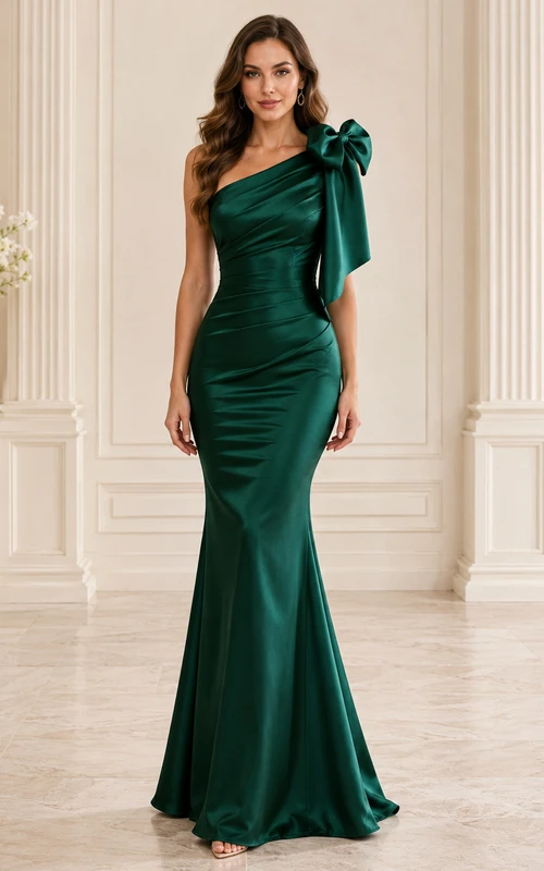 Dunkelgrünes, einseitig schulterfreies Meerjungfrauen-Abendkleid aus Satin mit Schleife