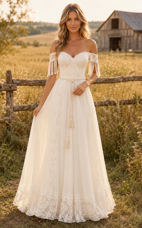 Robe de mariée champêtre en tulle et dentelle, coupe trapèze, bustier cœur, longueur au sol