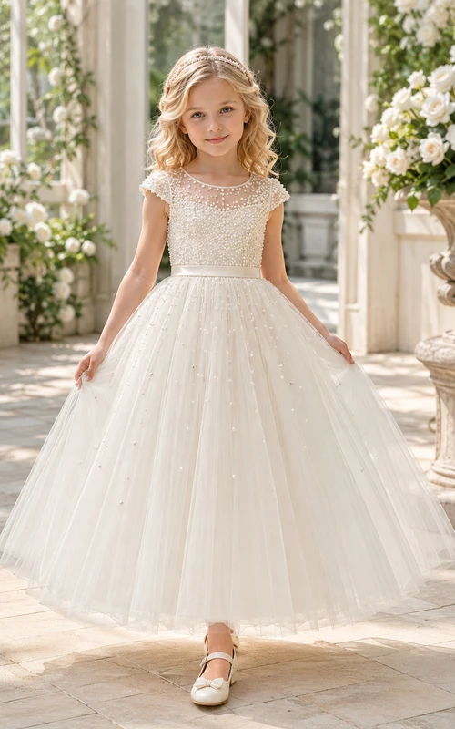 Flower Girl Dress Ivory Lace Tulle A-Line Jewel Neck Tea Length