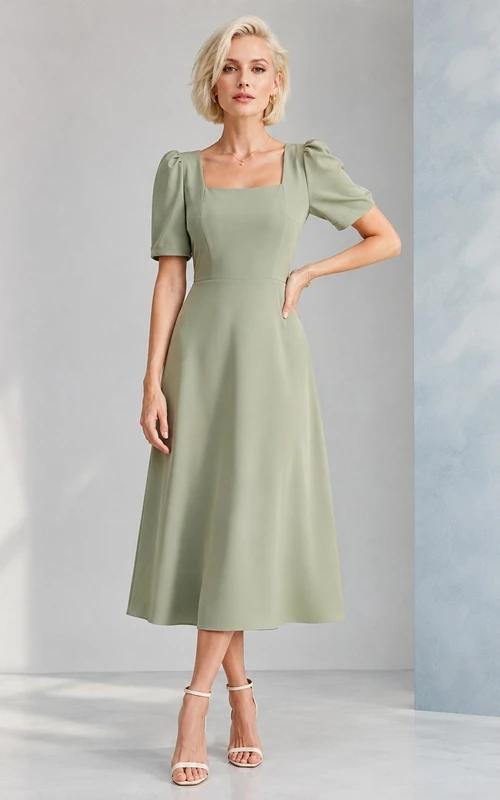 Sage Square-Neck Puff-Sleeve A-Line Tea-Length Elegant Occasion Dress