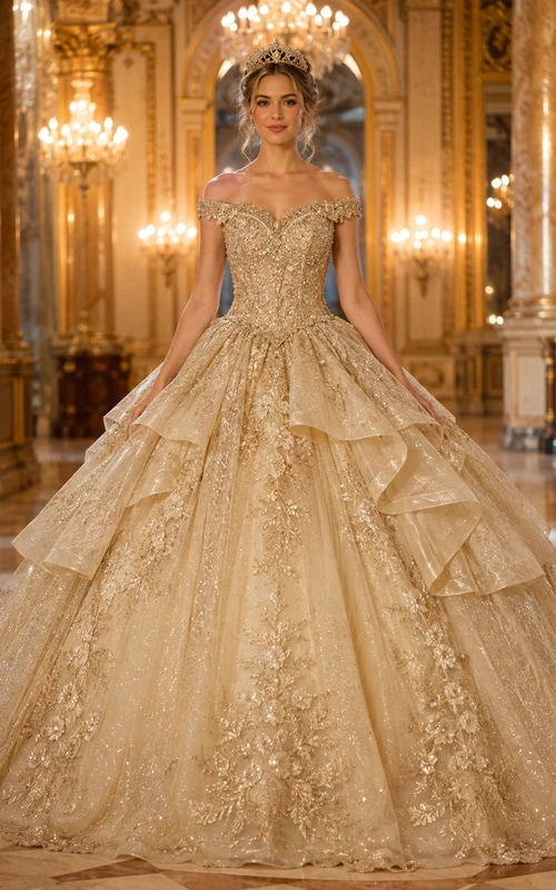 Luxury Off Shoulder Beaded Quinceanera Ball Gown Floor Length Dress