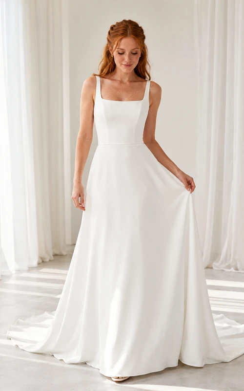 Square Neck Straps Crepe A Line Chapel Train Wedding Dress