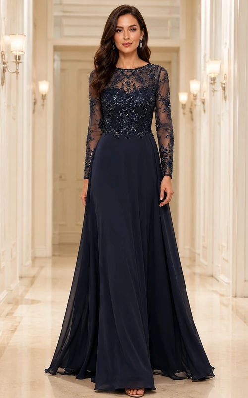 Vestido de noche largo hasta el suelo con encaje de ilusión discreta y mangas largas, corte en A
