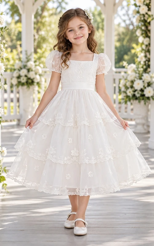 Vestido de niña de flores blanco con escote cuadrado, estampado floral, corte en A, tul, mangas abullonadas y volantes, largo hasta la rodilla.
