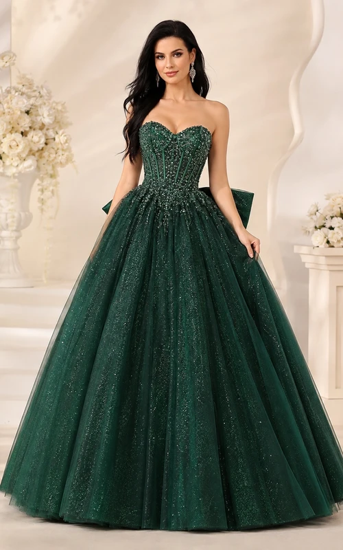 Vestido de fiesta largo hasta el suelo, sin tirantes, de tul brillante, color verde oscuro, estilo princesa.