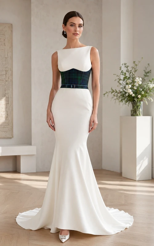 Modernes, ärmelloses, schlichtes Brautkleid im Meerjungfrauenstil aus Satin mit schottischem Tartan-Korsett und Korsett-Einsatz, U-Boot-Ausschnitt und schlichtem Schnitt