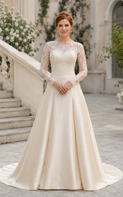 Robe de mariée en satin et dentelle, coupe trapèze, col bateau, manches longues et traîne courte.