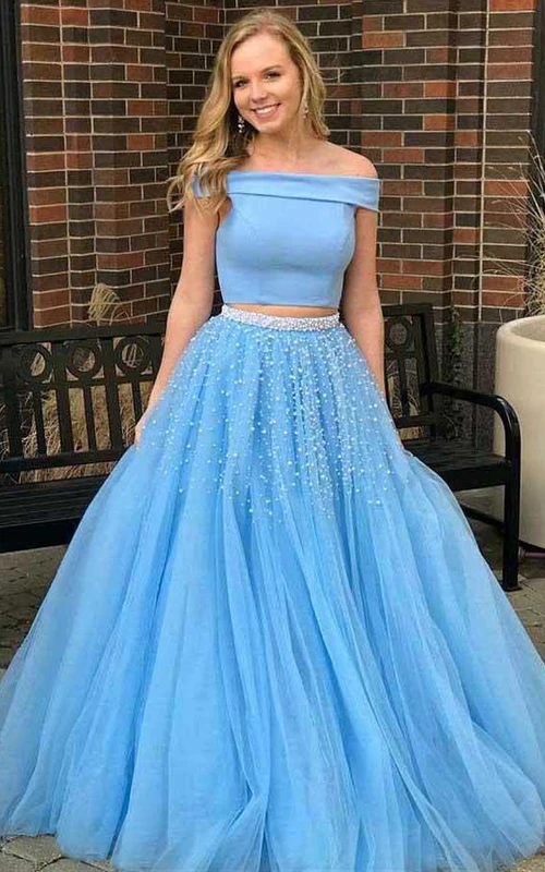 Zweiteiliges ärmelloses, modernes Abendkleid aus Satin-Tüll, bodenlang, mit Schleppe