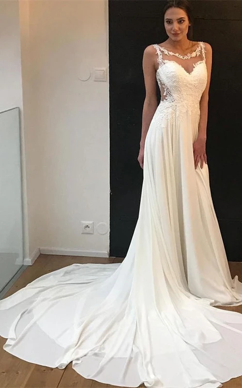 Romantisches, ärmelloses Chiffon-Brautkleid in A-Linie mit U-Boot-Ausschnitt und Applikationen für die Strandhochzeit