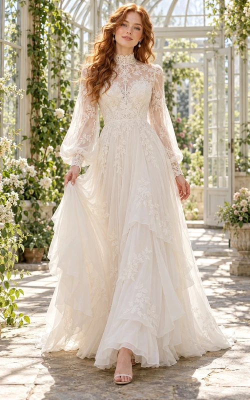 Modest High Neck Long Sleeve Ruffled Tulle A-line Wedding Dress