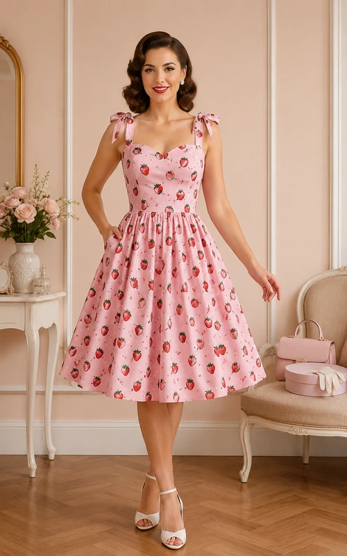 Vestido de cóctel vintage de satén en rosa rubor, de corte recto con tirantes, largo hasta la rodilla, con estampado floral y lazo(s).