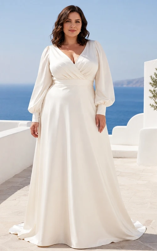 Simple Elegant V-Neck Long-Sleeve Jersey-Chiffon Draped A-Line Floor-Length Wedding Dress