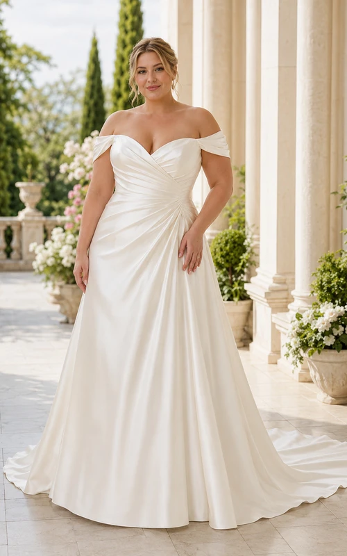 Vestido de novia de talla grande de satén con escote Bardot y corte en A