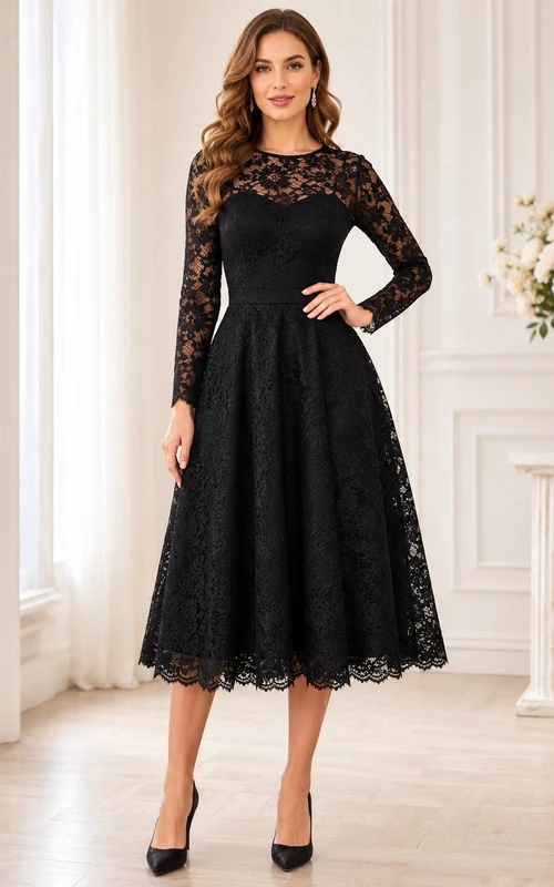 Black Lace V-Neck Long-Sleeve Classic Tea-Length Formal Dress