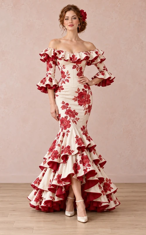 Robe de danse Flamenco crème et rouge à fleurs, épaules dénudées et volants
