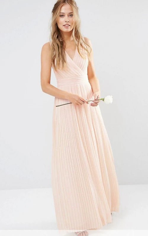 Sheath Sleeveless Maxi V-Neck Chiffon Bridesmaid Dress With Pleats And V Back