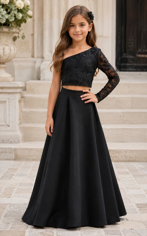 Schwarzes, einseitig schulterfreies, zweiteiliges Blumenmädchenkleid mit Spitzenärmeln