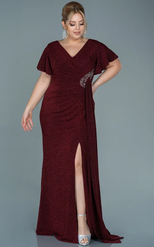 Robe de soirée grande taille à manches bouffantes, col en V, sequins, fronces et fente sur le devant