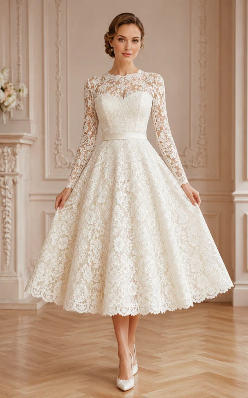 Vestido de novia vintage romántico de largo midi con escote barco, mangas largas ilusión y encaje floral.