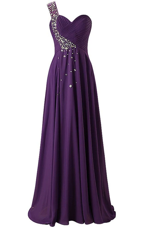Chiffonkleid mit einem Schulterausschnitt und Perlenstickerei