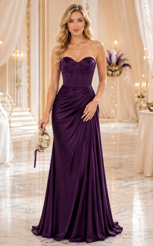 Pflaumenfarbenes, trägerloses, gerafftes Meerjungfrauen-Gästekleid aus Satin mit Herzausschnitt