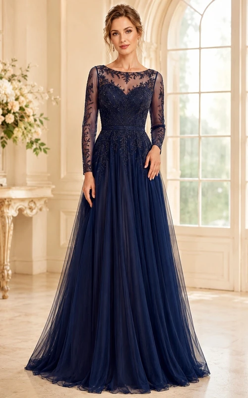 Dark Navy Lace Scalloped-Neck Long-Sleeve Tulle A-Line Sweep-Train Dress