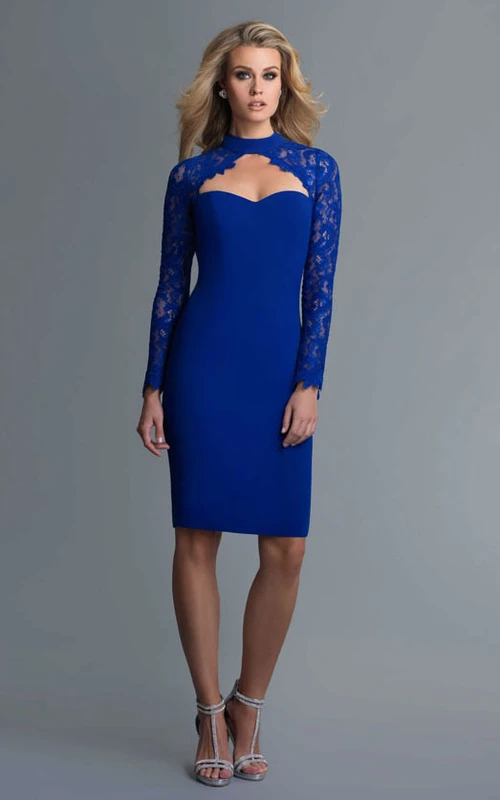 Pencil Knee-Length High Neck Long Sleeve Jersey Keyhole Dress With Lace
