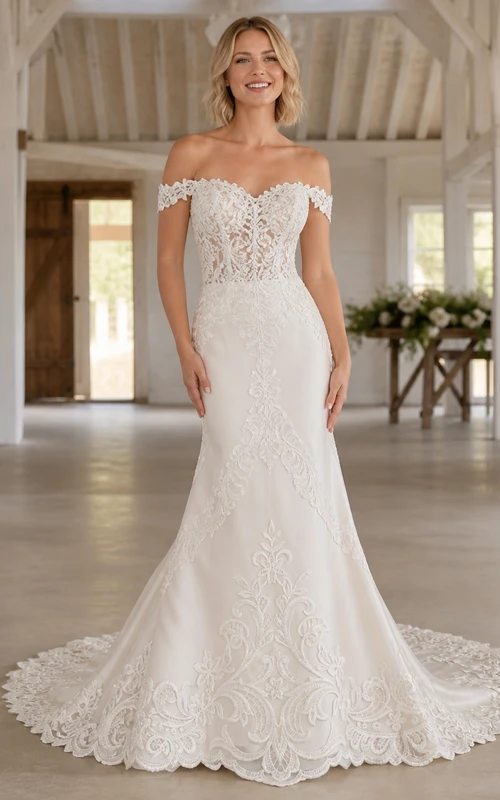 Vestido de novia sexy de manga corta estilo sirena con hombros descubiertos, encaje y cola de capilla