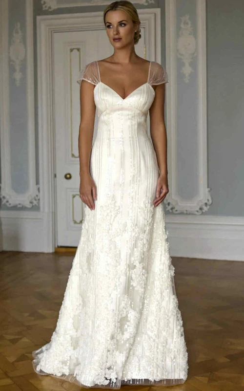 A-Line Cap-Sleeve Floor-Length V-Neck Appliqued Satin Wedding Dress With Beading