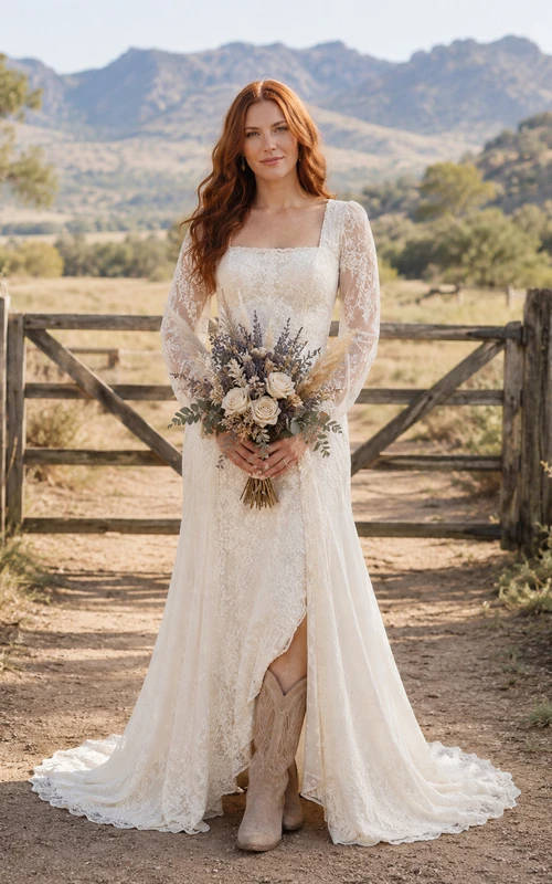 Vestido de novia premamá con escote corazón y mangas largas de encaje, vestido de novia estilo jardín.