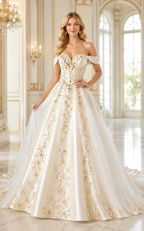 Goldene Rosetten, A-Linien-Brautkleid, schulterfrei, kurze Ärmel, bodenlang, Kathedralenschleppe, Luxuskleid