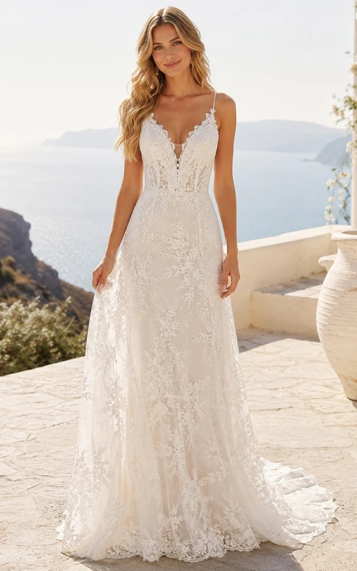 Lace A Line V Neck Floral Applique Sweep Bohemian Elopement Wedding Dress