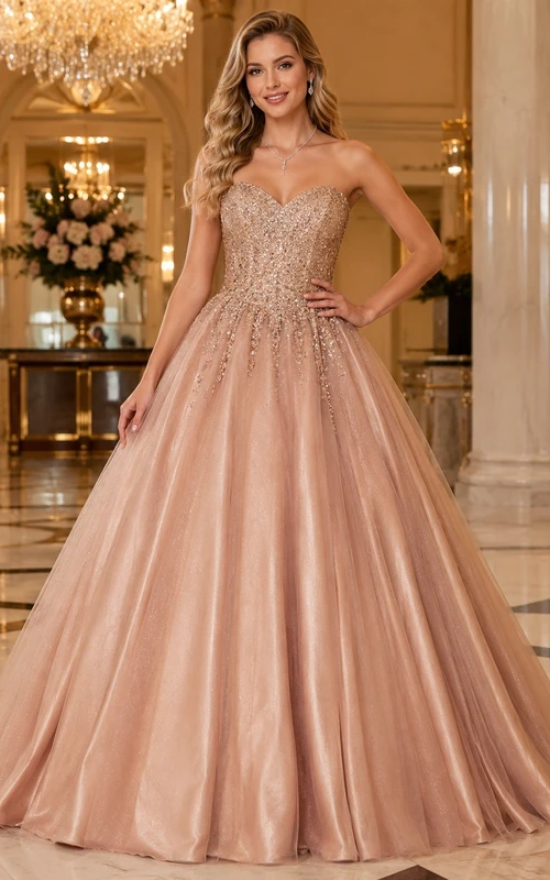 Vestido de gala de satén color champán sin tirantes con pedrería, lujoso vestido para quinceañera.