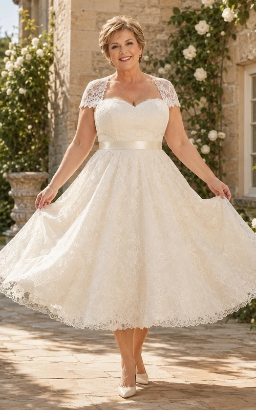 Romantisches Brautkleid in A-Linie mit Teelänge, herzförmigem Ausschnitt, kurzen Ärmeln und Spitze für ältere Bräute in großen Größen
