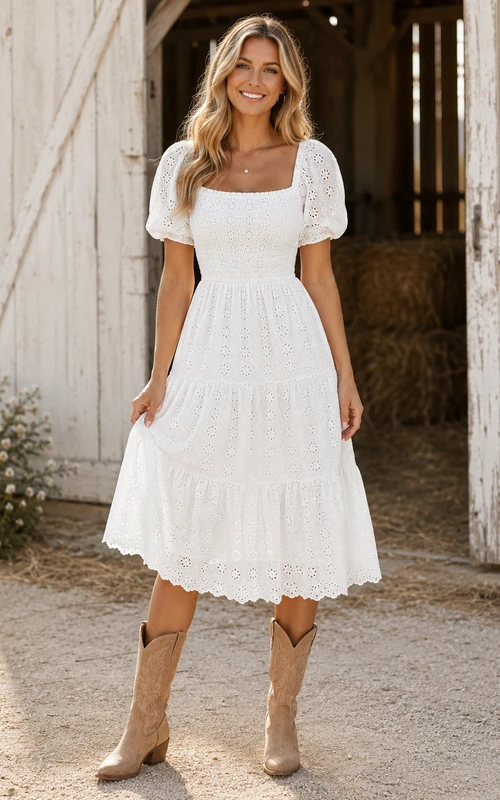 Vestido bohemio de algodón blanco con cuello cuadrado, mangas abullonadas y detalles calados, estilo jardín de té.