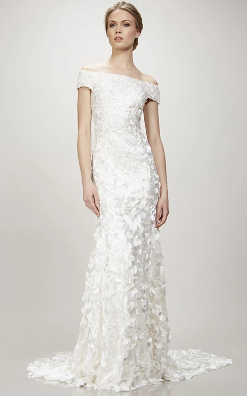 Robe de mariée maxi à épaules dénudées, ornée de perles et de sequins, avec traîne courte