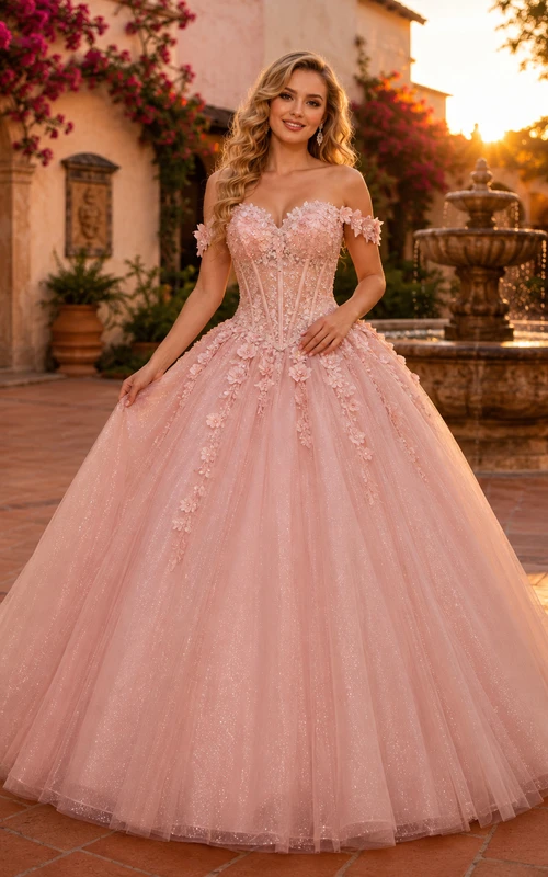 Vestido de princesa de quinceañera con escote corazón, tul brillante y hombros descubiertos, estilo Hacienda, color rosa.