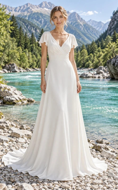 Vestido de novia sencillo de corte A con escote en V, espalda de satén, crepé, mangas cortas y cola.