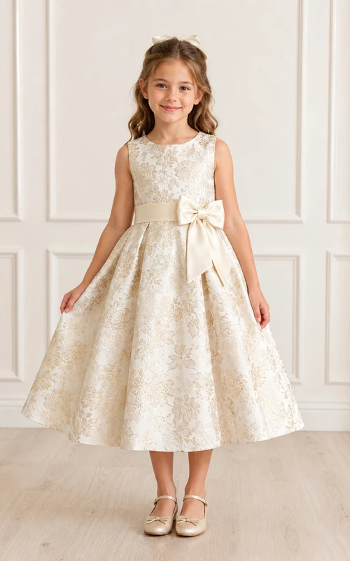 Robe de demoiselle d'honneur en brocart champagne à fleurs, col rond, sans manches, taille nouée, longueur thé, coupe trapèze, col rond, sans manches, taille haute