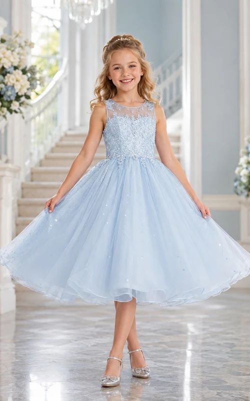 Sky Blue Bateau Illusion Beaded Lace Sequined Tulle Tea-Length Ball Gown Flowergirl Dress